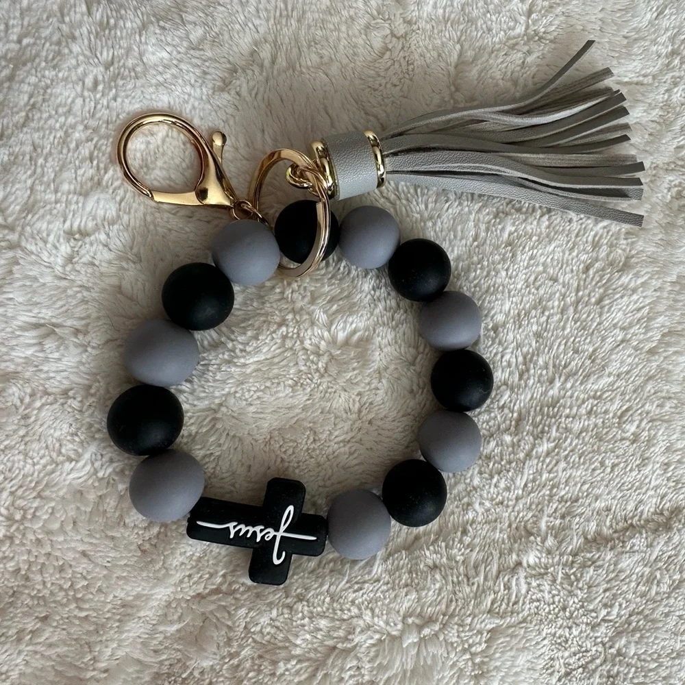 Wristlet Keychain Jesus Cross Tassel Black & Gray Beaded Keychain Bracelet NWT